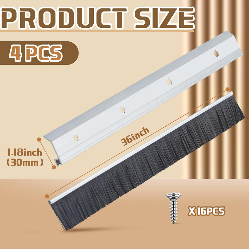 Hushee 4 Pcs 2x36 Inches Brush Door Sweep for Exterior, Aluminum Commercial Door Sweep Bottom All-Season Alloy Brush for Exterior and Interior Sealing Gaps Keeps Out Cold Air, Dust (Silver and Black) 36 Inches Silver