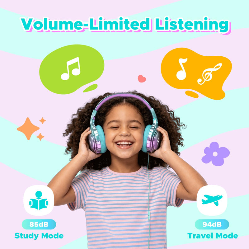 Owliwise Kids Headphones for School and Travel, Safe 85/94dB Volume Limiter, HD Microphone, Stereo Sound, Over-Ear Foldable Wired Headphones, 3.5mm Jack for iPad Cord Tablet Computer, Boys Girls Cyan