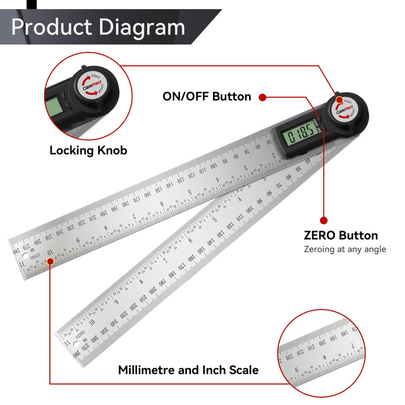 GemRed 82305 Digital Angle Finder Protractor (Stainless steel 300mm) Stainless steel (12inch/300mm)