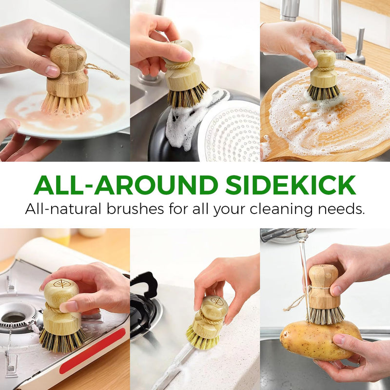 Bamboo Dish Brush Set of 3-100% Plastic Free Kitchen Scrubber with Medium Stiff Sisal and Strong Blend of Coconut Bristles - Non Scratch, Odor Free Wood Scrub for Pots, Pans and Vegetables 3 Pack