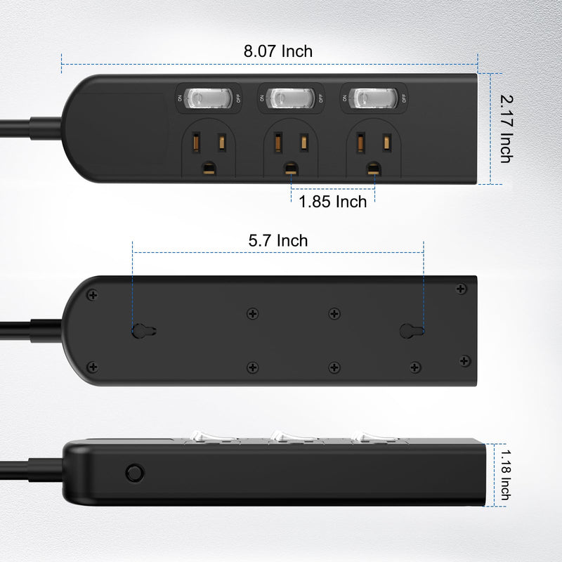 Small Power Strip with Individual Switches, 3FT Extension Cord | 3 Switched Outlets with LED and 1 Always-On, Wide-Spaced, Mountable for Aquarium, 1500W/12A, Flat Plug, Black