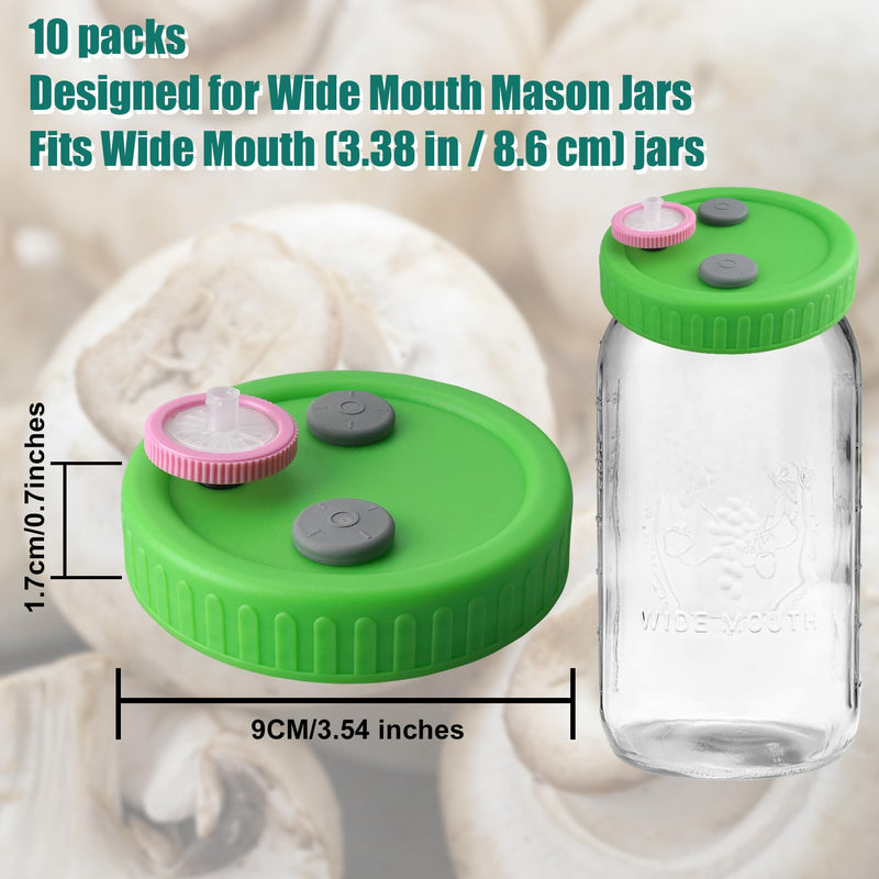 10 Pcs Mushroom Liquid Culture Lids for Wide Mouth Mason Jar with 0.22um PTFE Filter & Self-healing Rubber Stopper, Cultivation Mason Jar Cap for Mushroom Grow