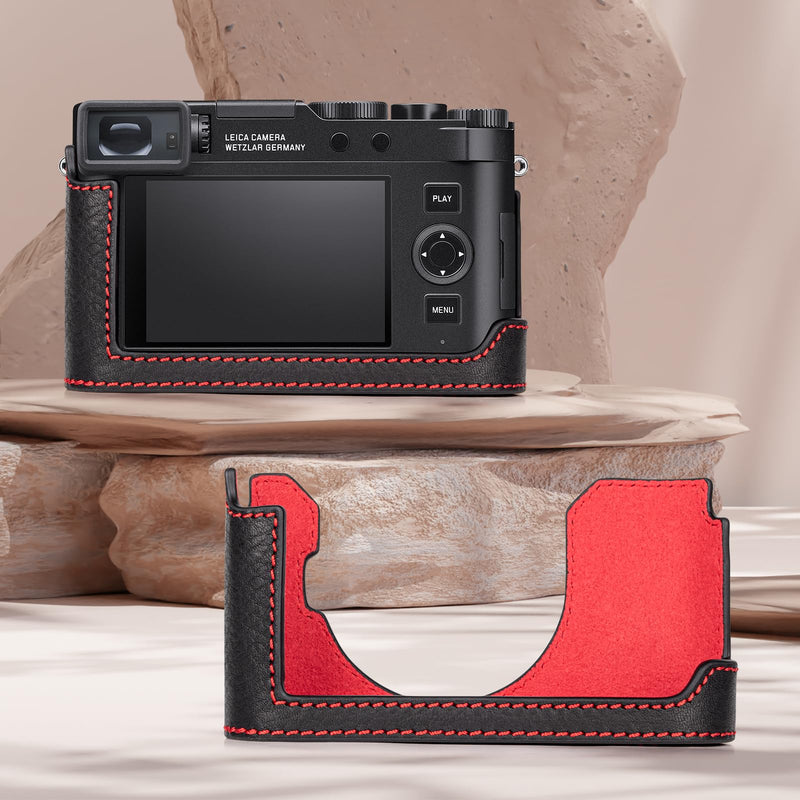 MUZIRI KINOKOO Case for Leica D-LUX 8 Camera - Retro Style Genuine Leather Half Protective Case for Leica D LUX 8/ D-LUX8 Camera - with Opening Bottom and Hand Grip Design - Black Red Black and Red