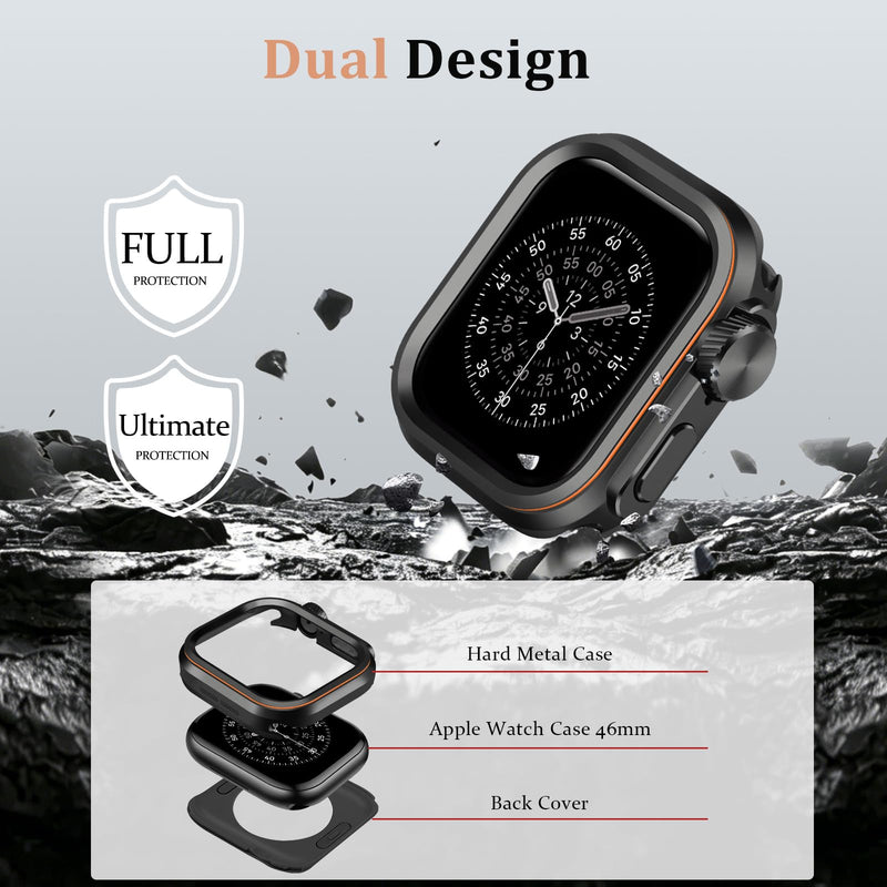 Amizee Metal Case Compatible with Apple Watch Series 11/10 46mm Case, Rugged Protective Bumper with Back Cover Resistant Protection Cover for iWatch 46mm, Black/Orange