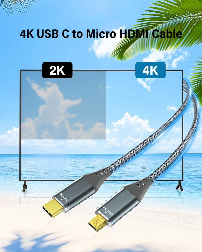 USB C to Micro HDMI Cable 6ft, 4K 60Hz 18Gbps Braided Aluminum for USB C Devices- Samsung Freestyle/ASUS XG17AHP/M80B/Odyssey G8 OLED, Portable Monitor (Source-to-Display)