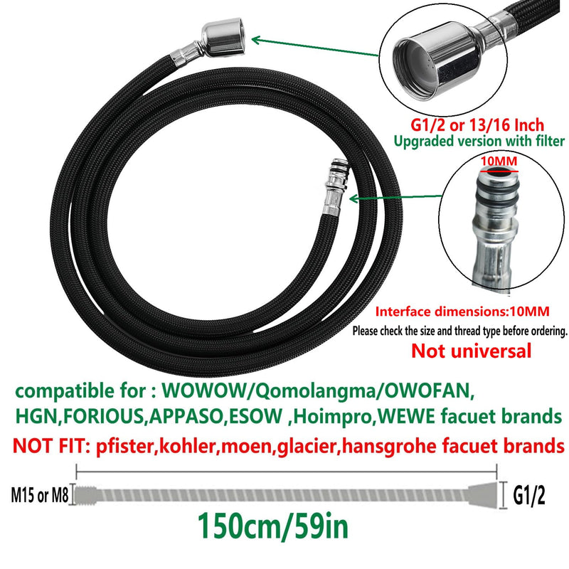 Pull Down Kitchen Faucet Hose Replacement M15*1MM X G1/2,(360 Rotatable) With Quick Connect, 59-Inch for Pluggable Nylon Hose,Compatiblity for WOWOW,OWOFAN,FORIOUS,APPASO,WEWE facuet parts M8+M15 quick connect