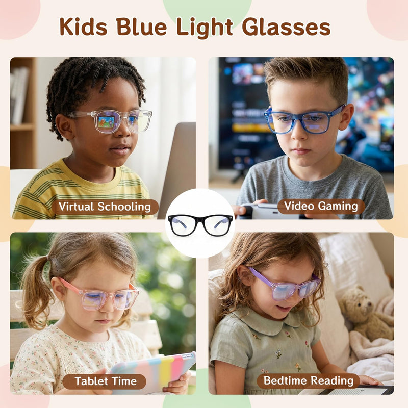 Kids Blue Light Blocking Glasses, Square Frame, Ages 3-8 (3 Pack) | UV & Eye Strain, Anti-Glare & Lightweight Eye Protection for Girls Boys, Ideal for Computers, Tablets & Handheld Gaming A1 Black+transparent+dark Blue Clear Age 3-8
