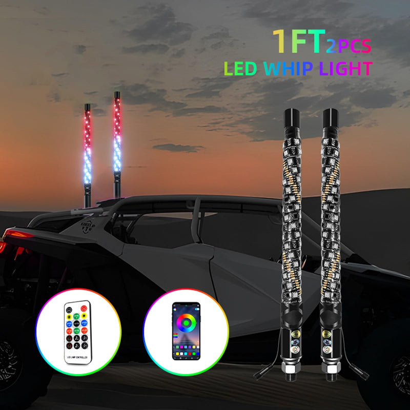 S7 2-pcs Whip Lights, LED Whip Light with App & Remote Control, Spiral RGB Chasing Lighted Antenna Whips,Whip Light for UTV ATV RZR SXS Can-Am Dune Buggy Offroad Truck (1ft) 1ft