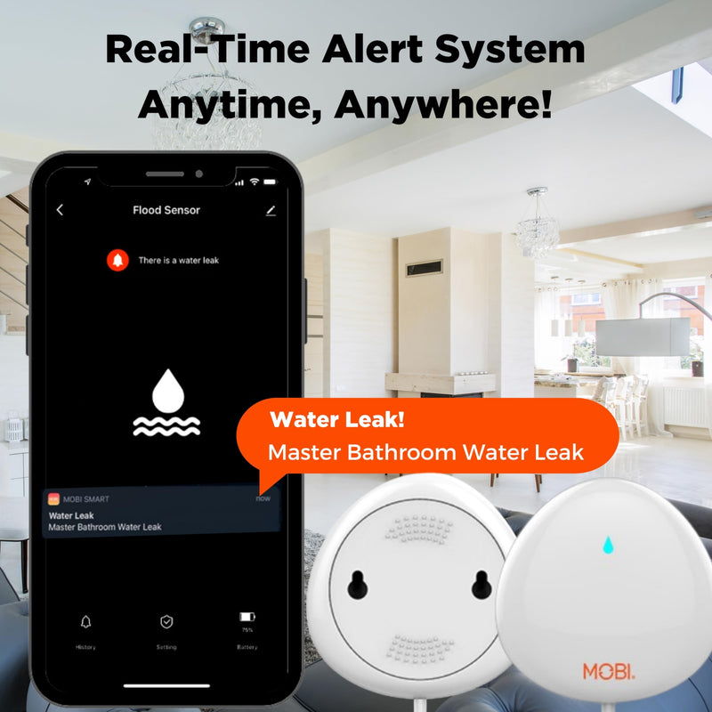 MOBI Connect WiFi Leak Alert Sensor, 24/7 Protection and Smart App Integration, Outlet Compatible, 48-inch Extension Cable (Pack of 2)