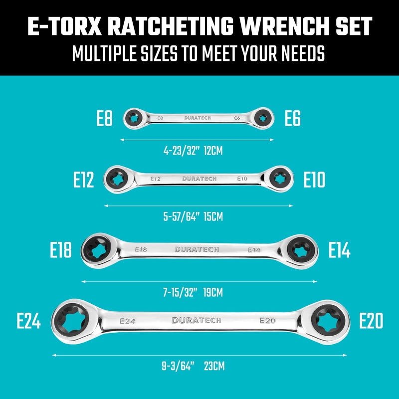 DURATECH 4-Piece E-Torx Wrench Set, Double Box End Ratcheting Wrench Set, Including E6 * E8, E10 * E12, E14 * E18 and E20 * E24, 72-Teeth, CR-V Steel, Mirror-Polished with Rolling Pouch