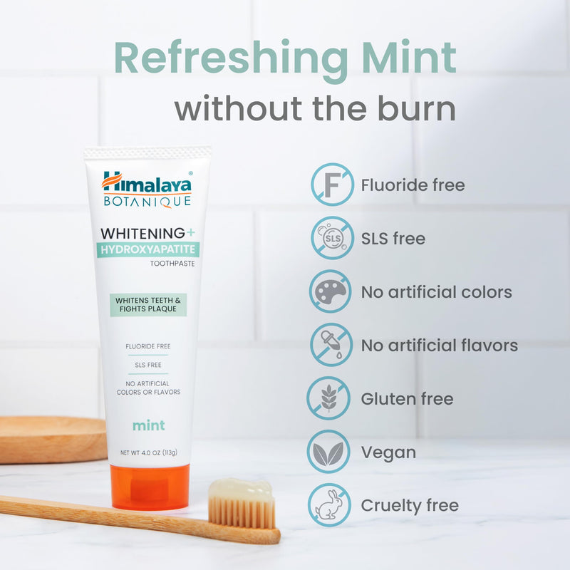 Himalaya Fluoride Free Botanique Whitening Nano Hydroxyapatite Toothpaste, Support Enamel Strength & Integrity, Great for Sensitive Teeth, SLS Free & Vegan, Mint, 4 oz (Pack of 4) 4 Ounce (Pack of 4) Adult Mint