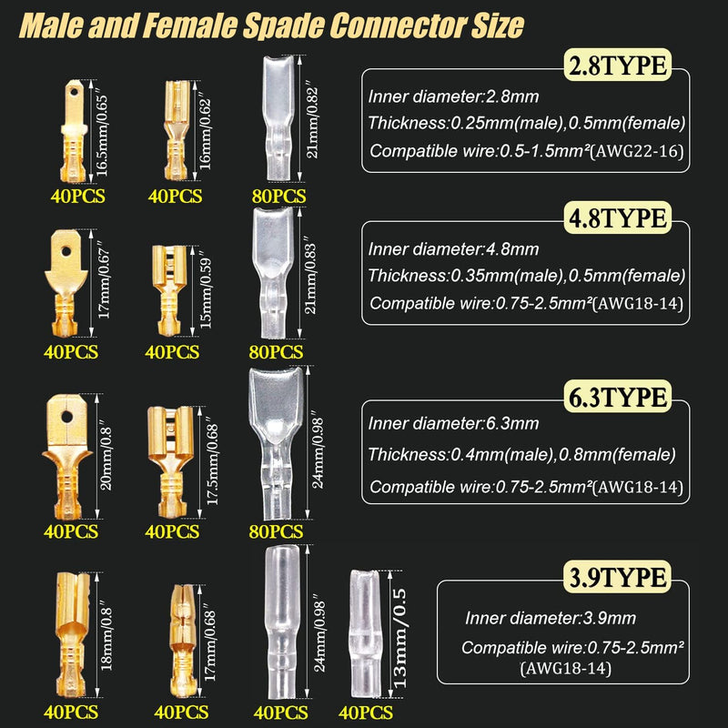 Twidec/640Pcs 2.8/4.8/6.3mm Quick Splice Male and Female Wire Spade Connector Crimp Terminal Golden Kit with Wire Terminal Crimping Pliers Tools 26-16AMG for Electrical Wiring Car Audio Speaker Gold 640PCS+SN-48B