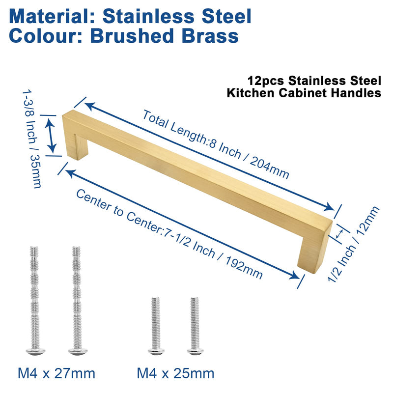 12 Pack Brushed Gold Cabinet Pulls Square Dresser Handles, 7-1/2 Inch / 192mm Hole to Hole Cabinet Handles Stainless Steel Cabinet Hardware, Kitchen Drawer Pulls for Cupboard Wardrobe Vanity Hole to Hole: 7-1/2 Inch Brushed Gold- 12 Pack
