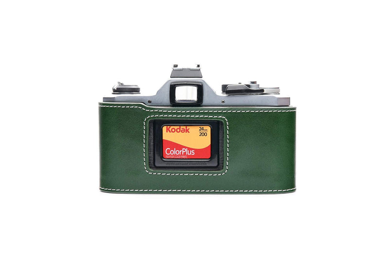Pentax MX ME Case, BolinUS Handmade Genuine Real Leather Half Camera Case Bag Cover for Pentax MX ME Camera with Hand Strap (Green) Green