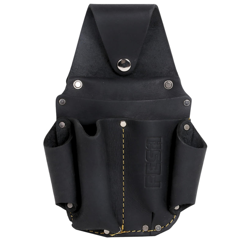 FESA Leather Electrician Tool Pouch - Pocket Caddy Clip On Tool Pouch with Voltage Test Meter Pocket & 5 Other Compartments - Easy On & Off - Fits Belts up to 3" Wide - Handcrafted Black