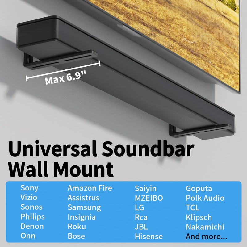 suptek Universal Soundbar Wall Mount Shelf – Wall Mount Bracket for Sony, Samsung, Vizio, LG, Sonos Sound Bars – Under TV Mounting, Space-Saving Design (SBR001GDLB) Black 6.9"