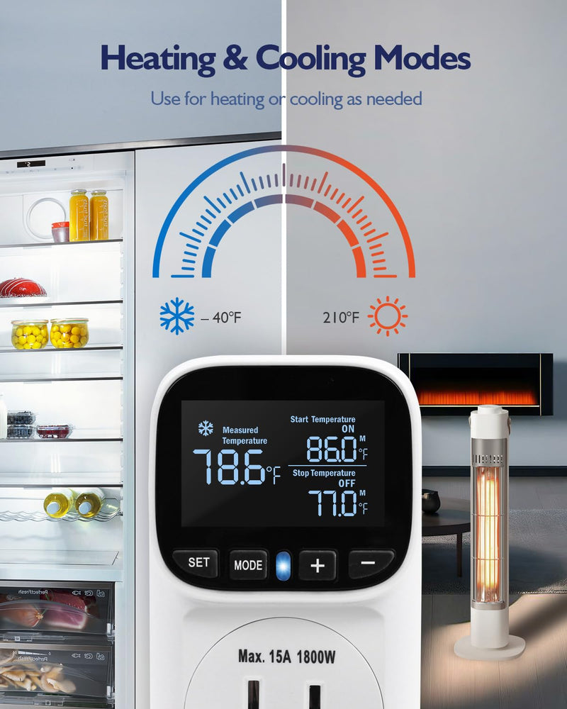 Digital Temperature Controller, Heating & Cooling Thermostat Plug Outlet, –40°F~210°F, 15A 1800W, LCD Display, Temperature Controlled Outlet for Home, Greenhouse, Chicken Coop, Reptile White
