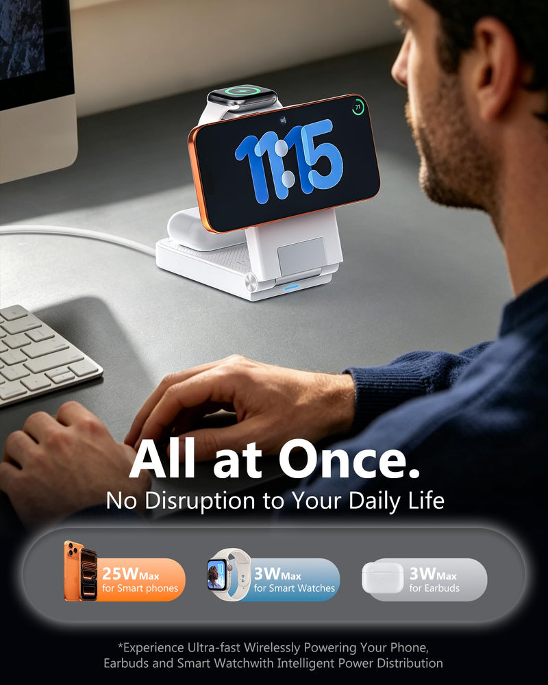 25W 3 in 1 Charging Station,Foldable MagSafe Fast Magnetic Wireless Charger | For Apple Multiple Devices, Travel Charger Stand for iPhone 17 16 15 14 13 12 Series/Watch 11-8/AirPods 4/3/2/Pro