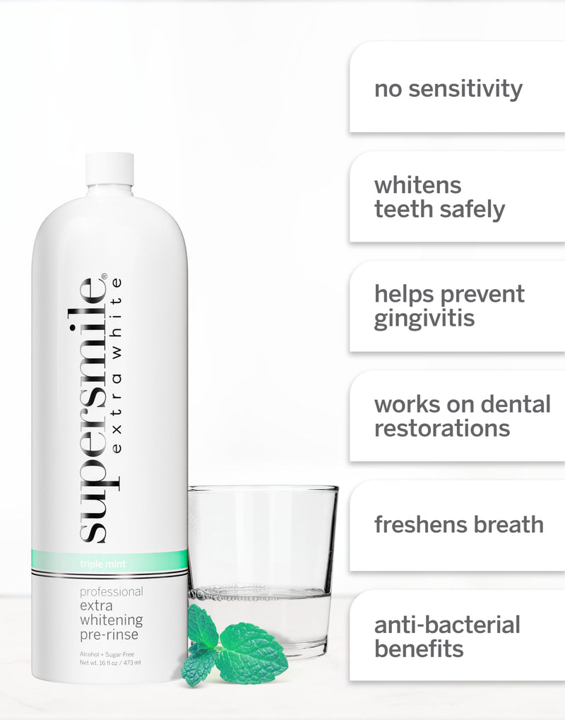 Supersmile Extra Whitening Pre-Rinse Mouthwash, 16 oz, Pre-Brush Whitening Rinse with Hydrogen Peroxide, Teeth Whitening Mouthwash, Enamel Safe, Triple Mint Fresh Breath White 16 Fl Oz (Pack of 1)