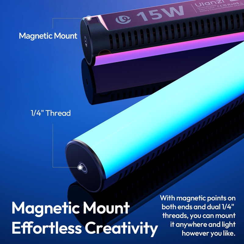 ULANZI B15RGB Magnetic RGB Light Wand - Handheld LED Video Light Stick with Diffuser, 3300mAh 1800-9000K 20 Effect Dimmable Camera Tube Light for Video Recording Studio Photography TikTok YouTube Vlog 1 pcs-Medium