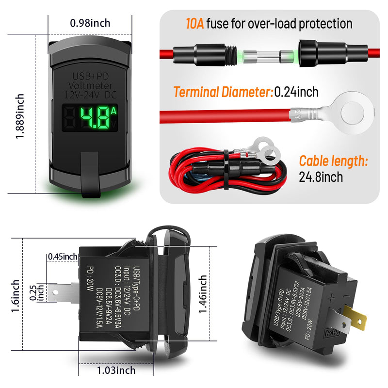 Rocker Switch USB Type C Charger with New Updated Ammeter and Voltmeter Universal Fits Rocker Switch Panel 12V 24V Dual USB Charging Port Outlet for RV Cars Marine Boats ATVs Trailers Type C USB Current-voltmeter Green