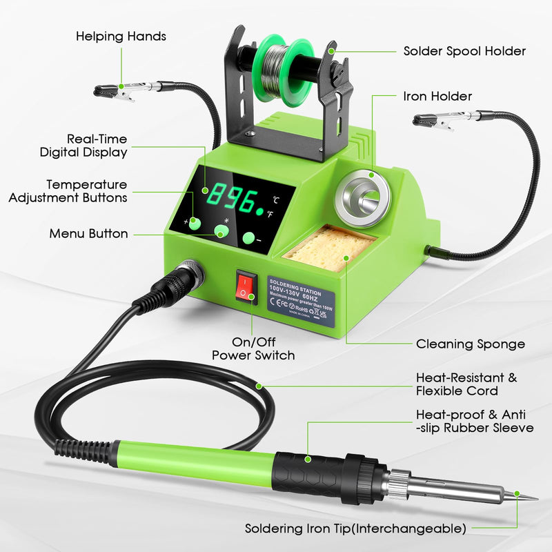 Soldering Station, 100W Digital Display Soldering Iron Station Kit with 2 Helping Hands, 356°F - 896°F, Auto Sleep, °C/°F Conversion, Solder Wire, Tips, Stand, Pump, Tweezers, Tip Cleaner, Green 938-green