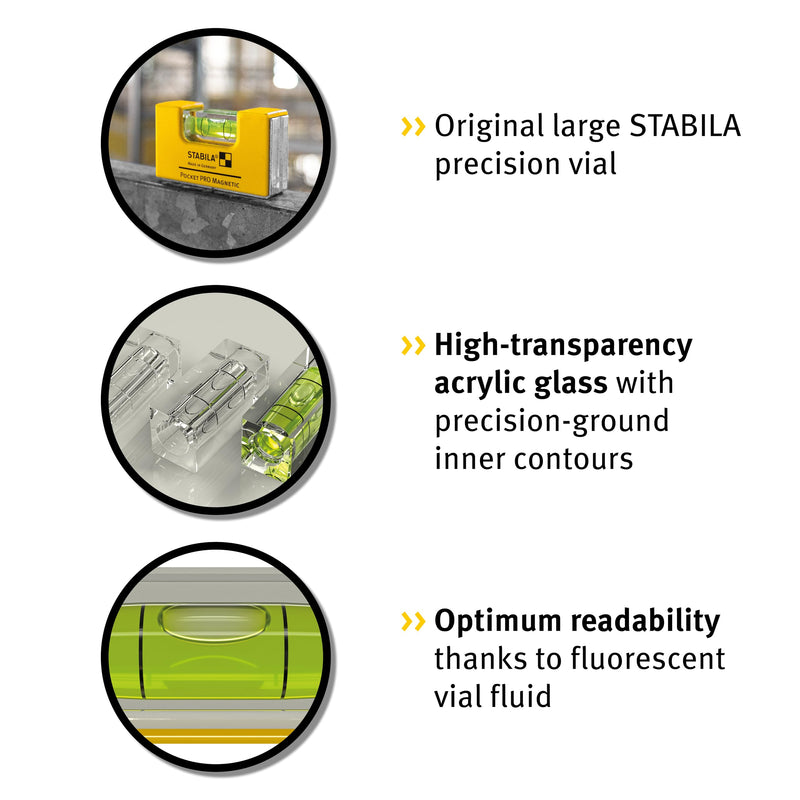 STABILA Pocket PRO Magnetic mini spirit level with belt clip, 7 cm, strong rare earth magnet, 1 horizontal level, made in Germany, yellow, 15 x 8 x 20 cm 7cm