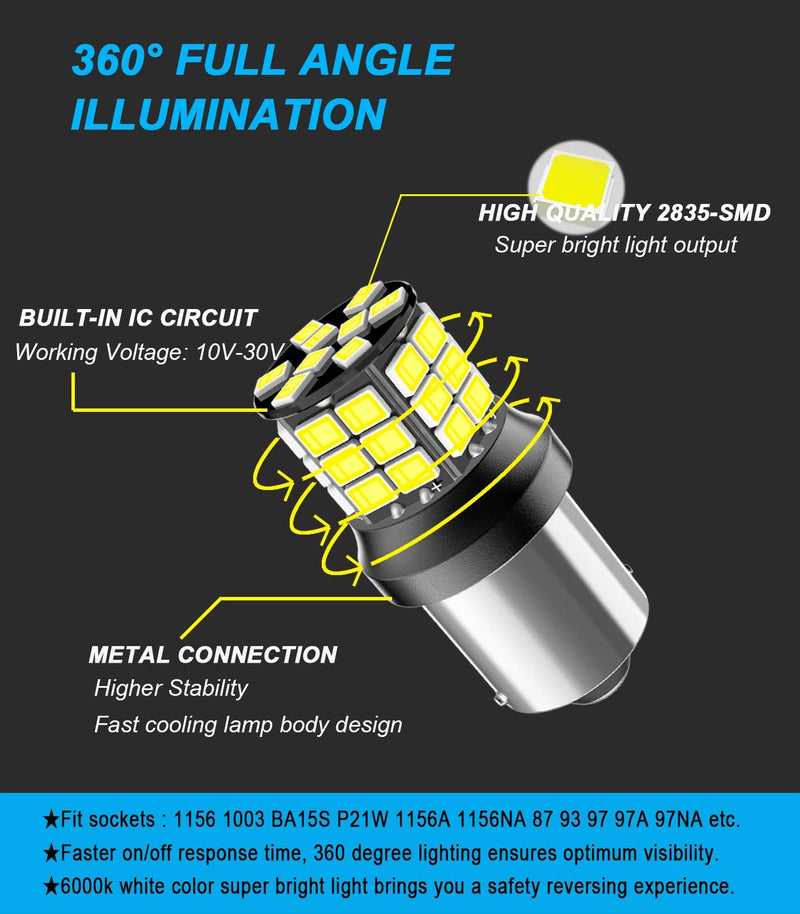 Serundo Auto 1156 Led Bulb, 12V 24V Super Bright 1141 1003 BA15S LED Bulbs Used for Back Up Reverse Lights, Tail Lights, RV lights,Lawn Mower etc. Pack of 2pcs White 1156 white