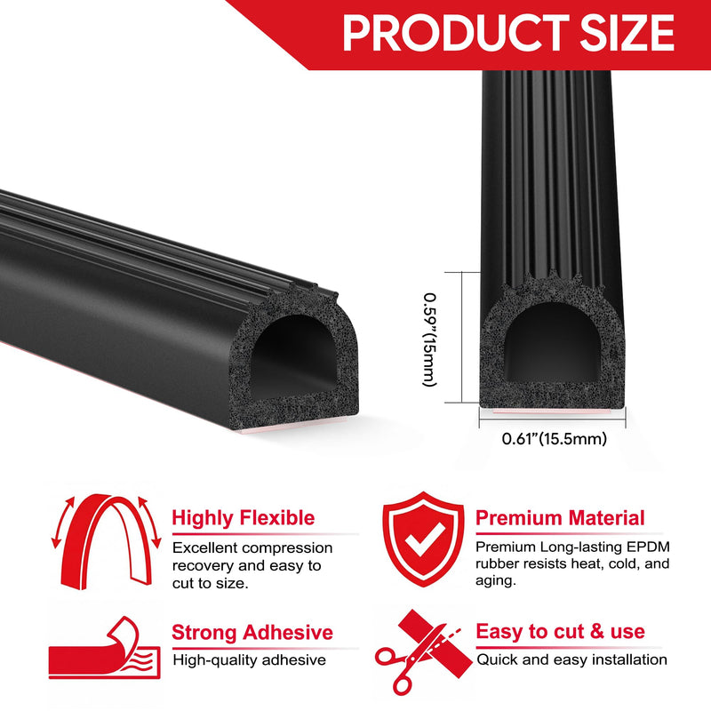UIOCSSC EPDM Rubber D-Shaped Weather Stripping 26FT RV Door Seal with Strong Self Adhesive, Trailer & Truck Bed Seal, Tonneau Cover, Marine Boat Hatch Gasket, W:0.59"; H:0.61" 26 Feet Black