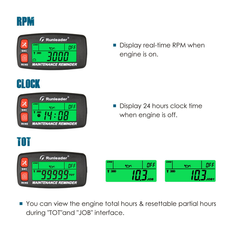 Runleader Digital Maintenance Tach Hour Meter Gauge,RPM Alert,Backlight Display,Battery Replaceable,Used for Small Gas Engine, Works on Garden Tractor Motorcycle Generator Snowmobile Chainsaw Marine.