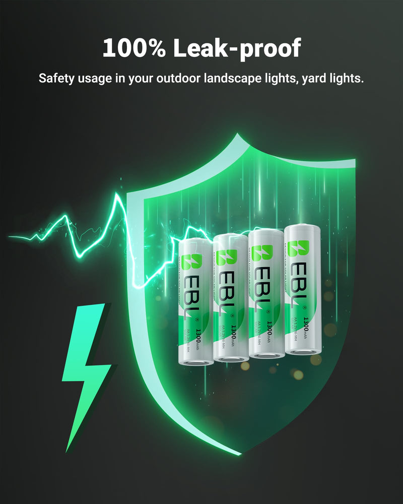 EBL Solar AA Battery Rechargeable Batteries for Outdoor Solar Lights, 1300mAh NIMH Pre-Charged 1.2V Recharge up to 1200x Times for Garden Landscaping String Lights, Pack of 12 12 AA Count