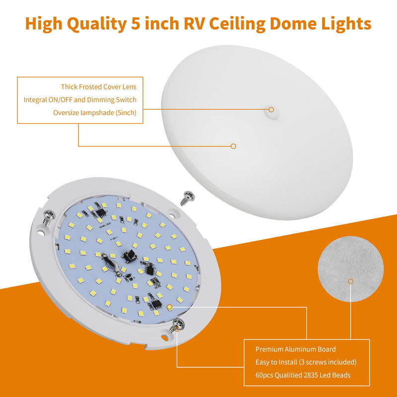 RV Lights Interior, 5 Inch RV LED Ceiling Puck Light Dimmable 12 Volt LED Lights, 12V RV Puck Lights Led 4.5W Milky Frosted RV Ceiling Dome Light for Camper Van Trailer Boat 5 Pack, Cool White 5500-6500K