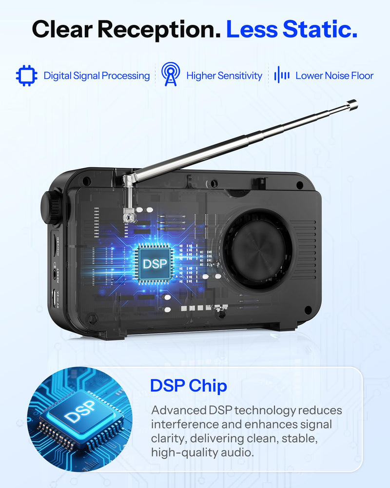 Portable FM Radio with Bluetooth, NOAA Weather Radio, 3000mAh Rechargeable | Auto Scan 40 FM Presets, 8W Speaker, 6 EQ Modes, Dual Alarms, Sleep Timer, 2.4" Color Display, Emergeny Radio SOS Black