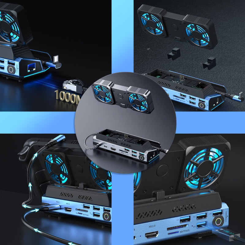 14-in-1 Docking Station for Steam Deck, ROG Ally X & Legion Go, Dual Cooling Fan USB C Docking Station with HDMI 4K 60Hz, 1000Mbps, 4*USB 3.0, USB C 100W PD, SD TF Slot