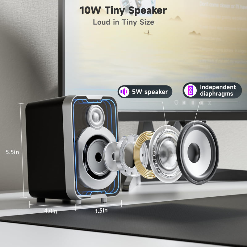 SOULION 2.0 Computer Speakers, 10W USB-Powered Bluetooth Wired PC Speakers with Easy-Control Pod for Desktop, Tiny Desk Soundbar with 5 Mirror-Like LED Light Modes for Monitor Laptop - Black Modern
