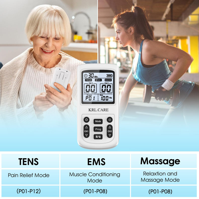 3-in-1 TENS Unit Muscle Stimulator, EMS Massage Machine with 40 Intensities for Gradual Shoulder, Sciatica, Back Pain Relief, Muscle Recovery, 28 Modes Portable Dual Channel with 8 Electrodes Pads