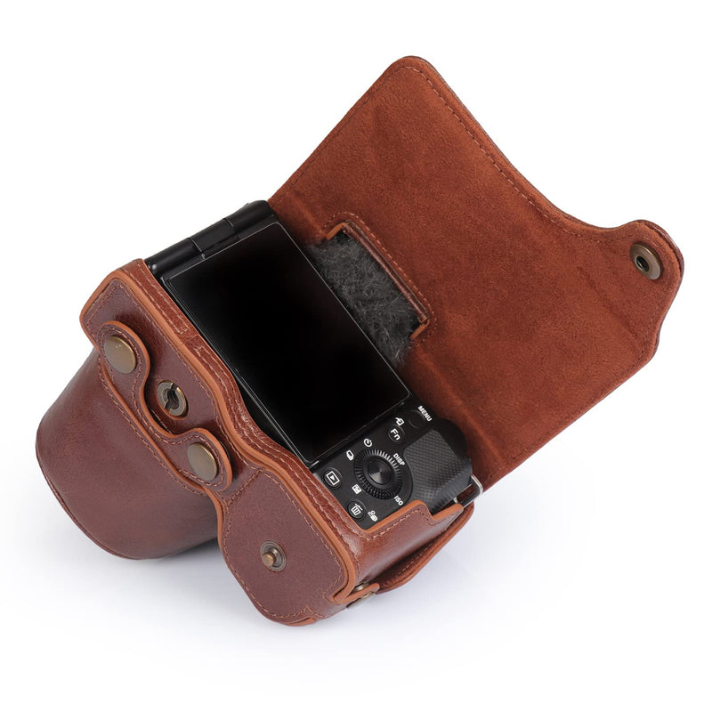 MegaGear MG2006 Ever Ready Genuine Leather Camera Case Compatible with Sony ZV-E10, Full Body Protection Lens Cover Bag with Shoulder Strap, Brown