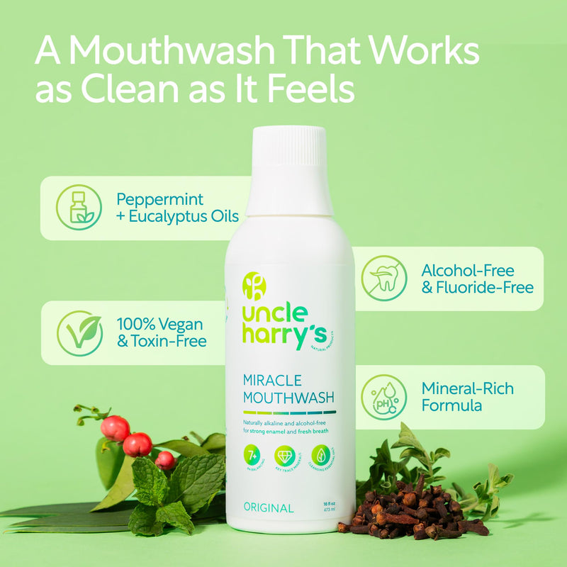 Uncle Harry's Natural Alkalizing Miracle Mouthwash | Adult & Kids Mouthwash for Bad Breath | pH Balanced Oral Care Mouth Wash & Mouth Rinse (16 fl oz) 16 Fl Oz