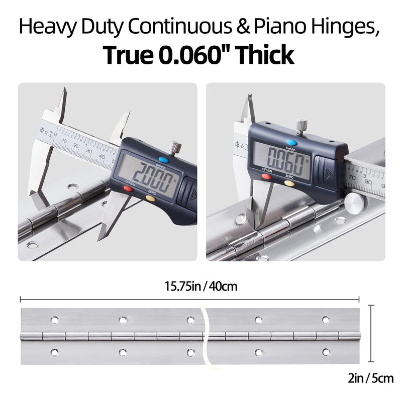 2 Pack Heavy Duty Piano Hinge 16 Inch x 2 Inch Stainless Steel Continuous & Piano Hinges with Holes, 16" Continuous Hinges for Cabinet, Door, DIY Wood Boxes, 0.060" Leaf Thickness, 2" Open Width