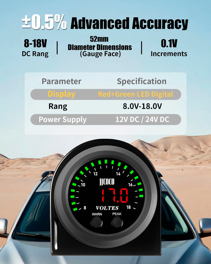  [AUSTRALIA] - 8~18V Voltmeter Gauge Digital Volt Gauge 12V/24V DC LED Display Voltage Meter Kit with Mounting Bracket for Car Truck Vehicle Automotive 2-1/16" 52mm Round Green+Red