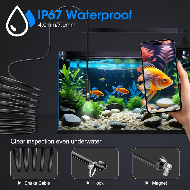 Endoscope with Light, 1920P HD Borescope with 8 Adjustable LED Lights, Semi-Rigid Snake Camera, IP67 Waterproof Inspection Tool for iPhone & Android - 16.4FT-Dual Lens (Black) Black