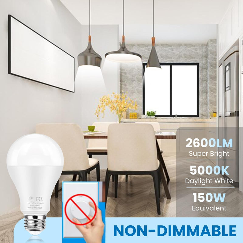 Super Bright LED Light Bulbs, 150 Watt Equivalent, 5000K Daylight White, 2600 High Lumen, E26 Base, Non-Dimmable, A21 19W Energy Efficient Bright White LED Bulbs for Home Office Porch, 6-Pack