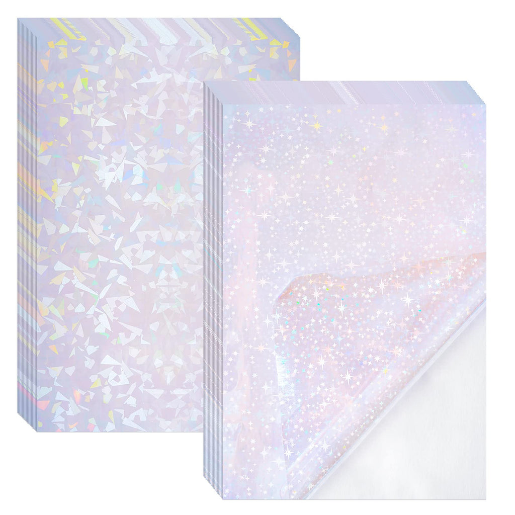 2 Types Transparent Holographic Laminate Sheets Overlay Lamination Vinyl A4 Size Self-Adhesive Holographic Laminate Film Waterproof Vinyl Sticker Paper for DIY Crafts, 10 Sheets 8.25 x 11.7 Inches Broken Glass and Stars