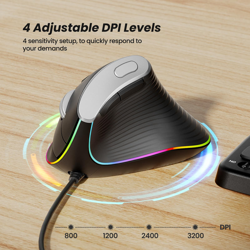 Nulea M504 Wired Vertical Mouse, USB Optical Ergonomic Mouse Wired with 4 Adjustable DPI, 11 RGB Backlight Modes, Compatible for Laptop, PC, Desktop, Mac, Black B-Black