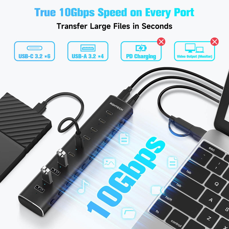 RSHTECH 10-Port Powered USB C 3.2 Hub 60W with 10Gbps USB 3.2 Ports(6C+4A) | Individual ON/OFF Switches, 3.3ft Detachable Cable, Aluminum USB Extender Hub for Laptop PC, RSH-H10C6