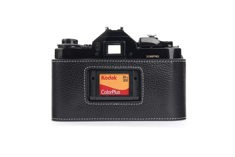 A-1 Case, BolinUS Handmade Genuine Real Leather Half Camera Case Bag Cover for Canon New AE-1 AE-1P A-1 (with Handle) Camera with Hand Strap (Black) Black