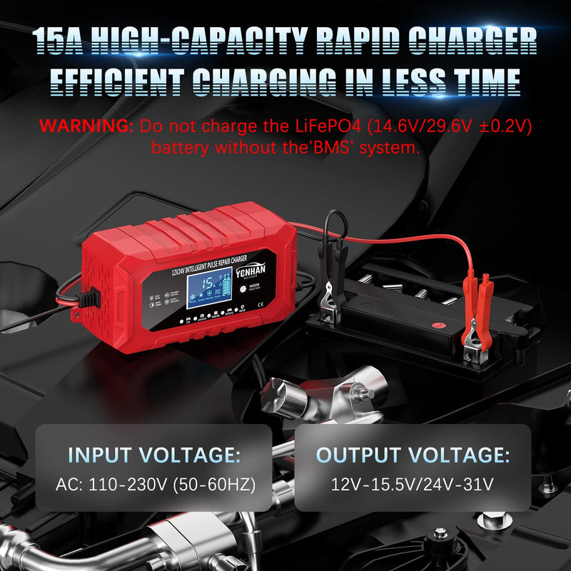 YONHAN 15A Battery Charger, 12V/24V LiFePO4 & Lead Acid Car Battery Charger, 9-Stage Trickle Charger with Temp Compensation, Automotive Battery Maintainer for Car Truck Motorcycle Lawn Mower Boat(Red)