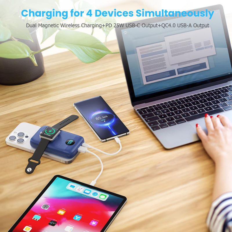 Magnetic Portable Charger with Apple-Watch Charger,10800mAh 25W PD Fast Charging Wireless Power Bank,4 Outputs Travel Essential Battery Pack for Magsafe,iPhone 17/17 Pro Max/16/15/14/13/12 All Series Blue 10800 Milliamp Hours