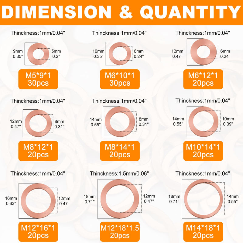 200pcs 9 Sizes Premium Copper Metric Sealing Crush Washers Assortment Kit,Flat Sealing Washer M5 M6 M8 M10 M12 M14,Flat Ring Sump Plug Oil Seal Gasket Sealing Fitting Washers for Industrial,Household