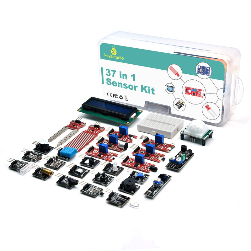 KEYESTUDIO 37 in 1 Sensor Kit for Arduino with Tutorial,Sensors Modules Compatible for Arduino and Raspberry Pi Programming,Active Buzzer/5V Relay/Temperature and Humidity Module etc.